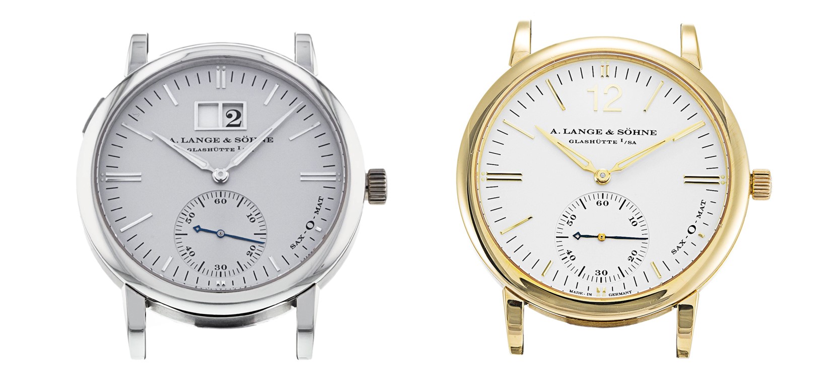 Langematik big date and no date 308.025 platinum and 3012.021 yellow gold comparison