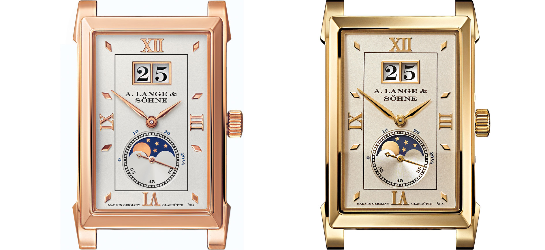 a lange söhne cabaret moonphase pink gold yellow gold reference 118.021 and 118.032