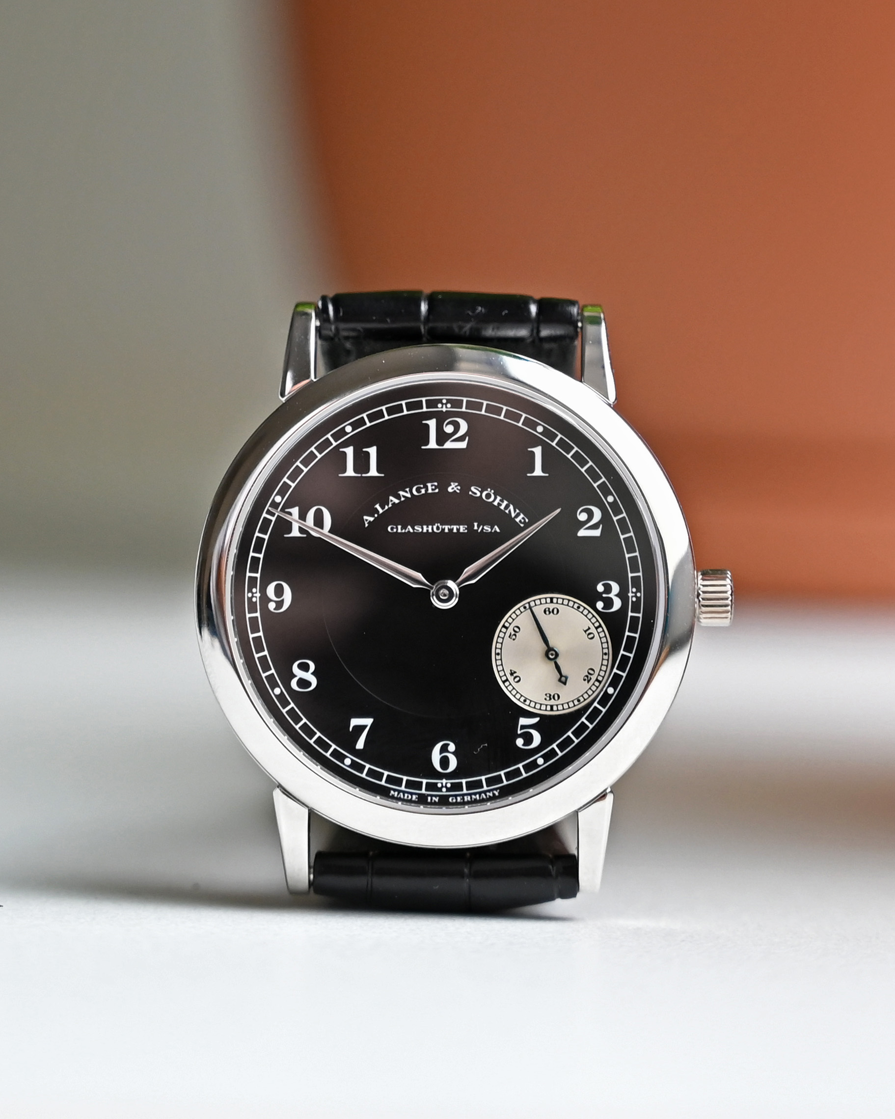 A. Lange & Söhne 1815 Side Step Wempe 222.049 in platinum, black dial, front view