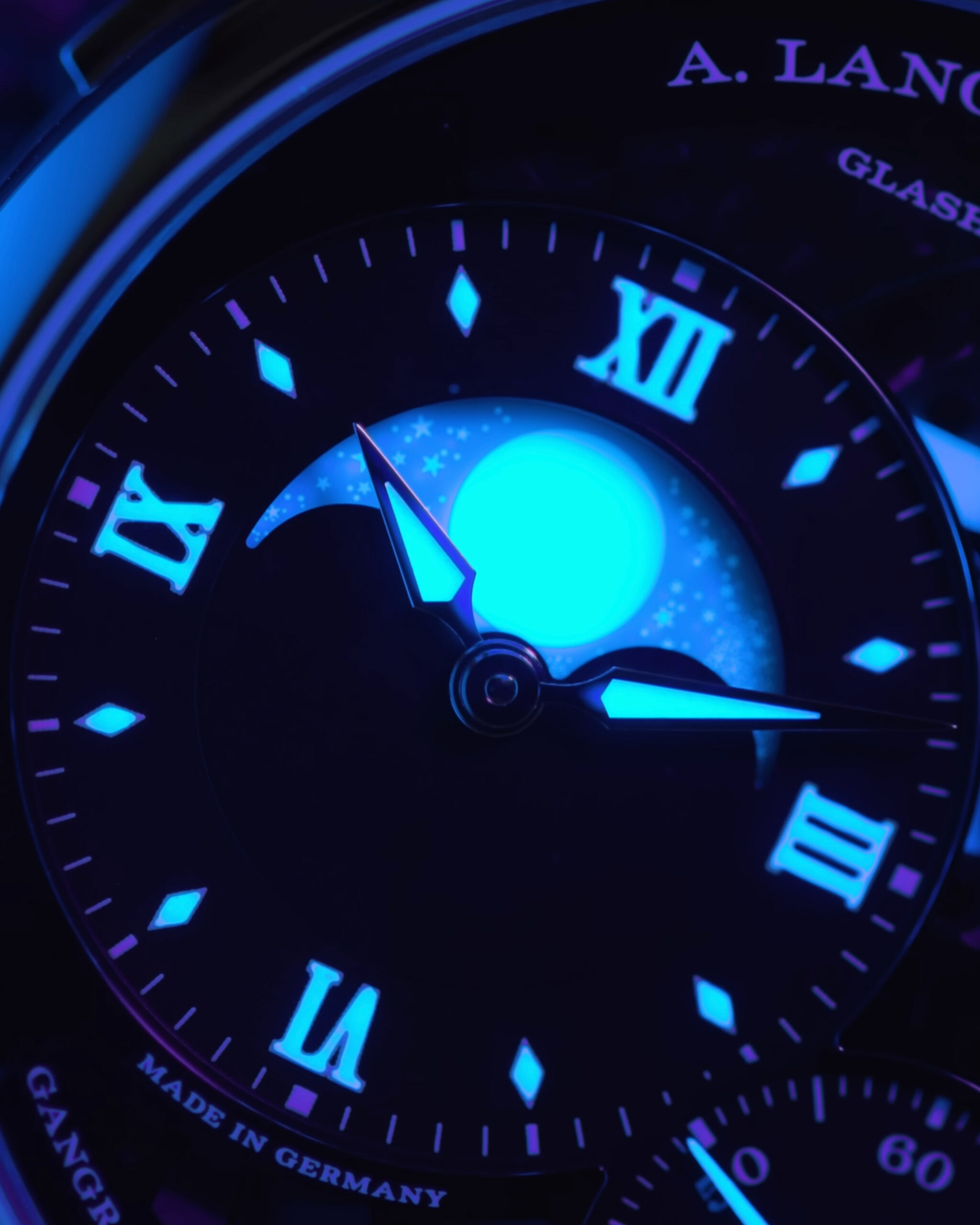 Grand Lange 1 Moonphase Lumen 139.035F glowing in the dark, lume shot