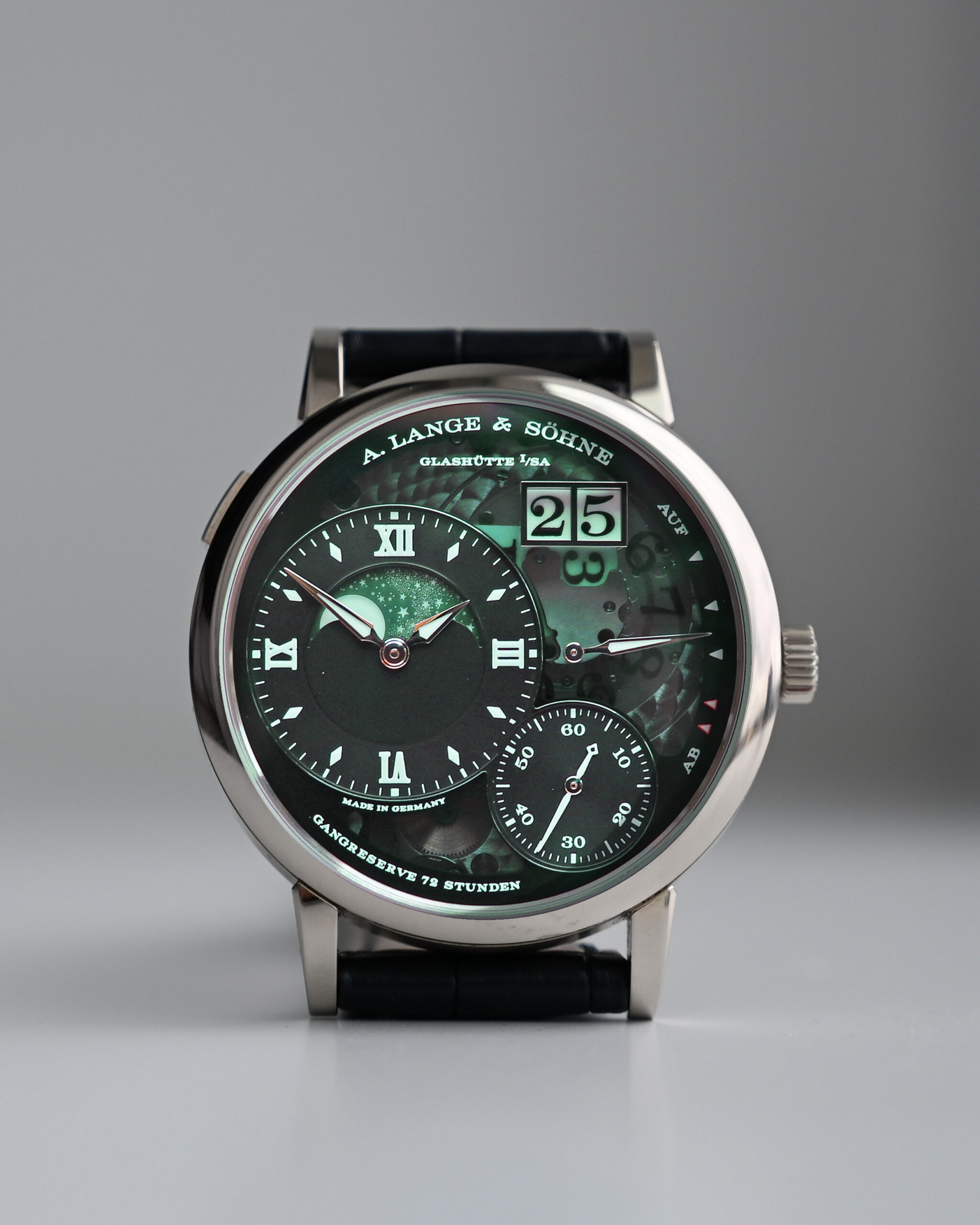 A. Lange & Söhne Grand Lange 1 Moonphase Lumen 139.035F in platinum, black sapphire dial, front view