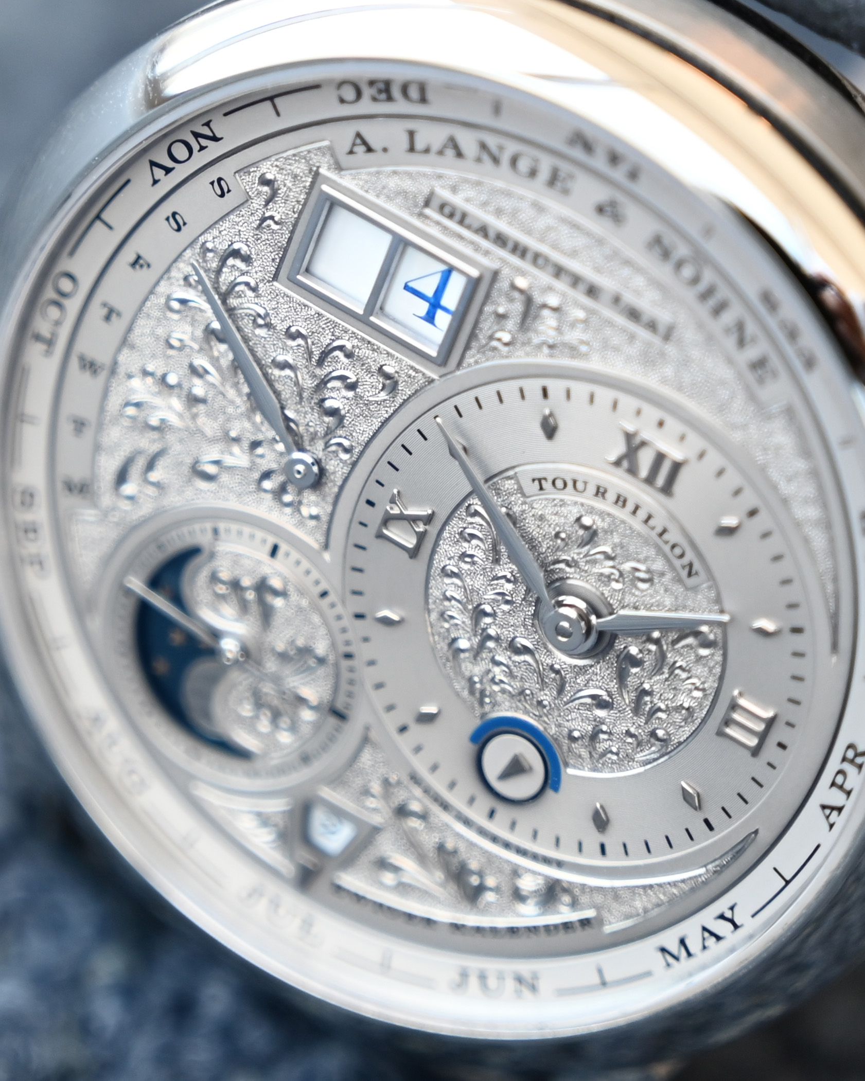 Lange 1 Perpetual Tourbillon Handwerkskunst 720.048 hand-engraved dial detail