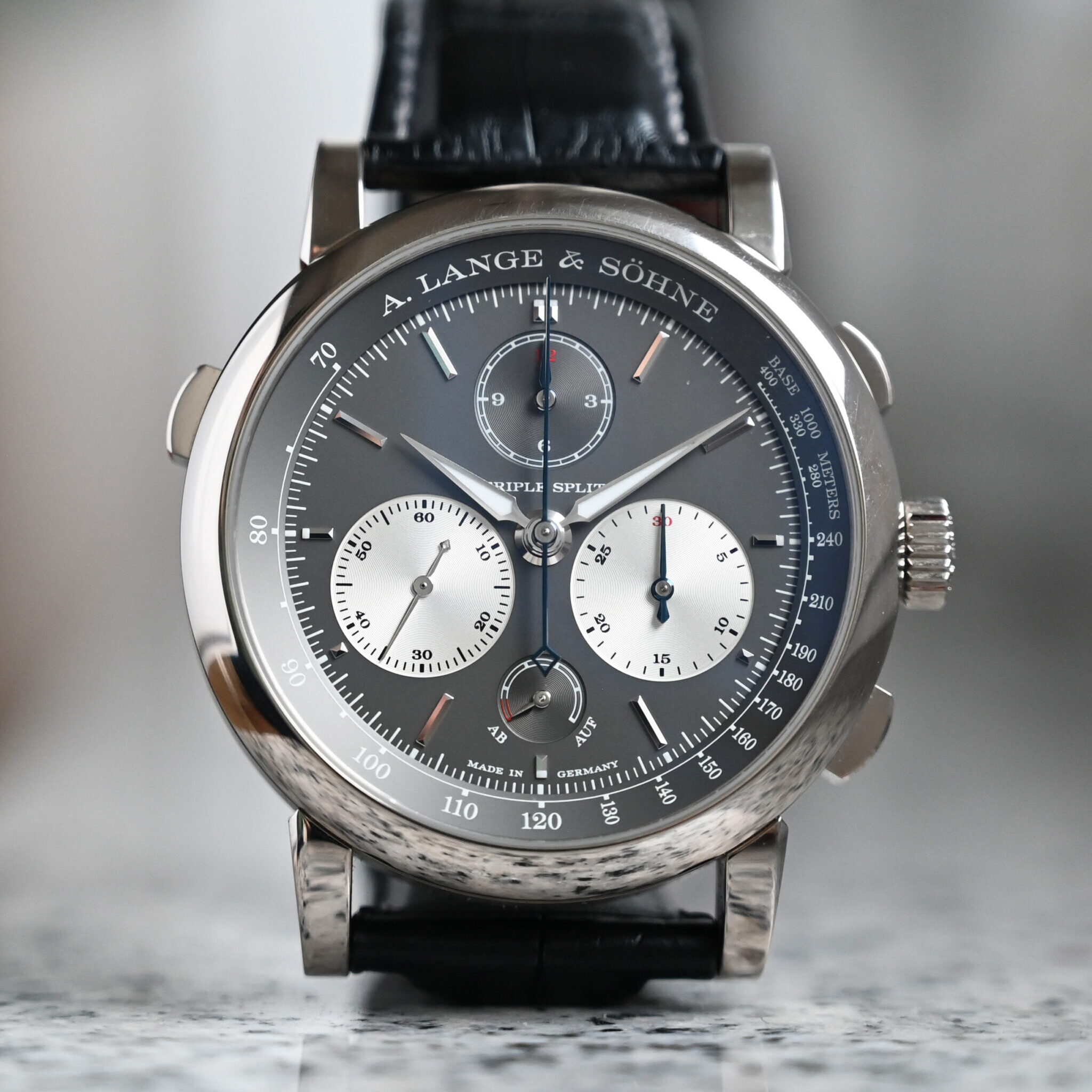 A Lange Söhne Triple Split white gold full dial and case view